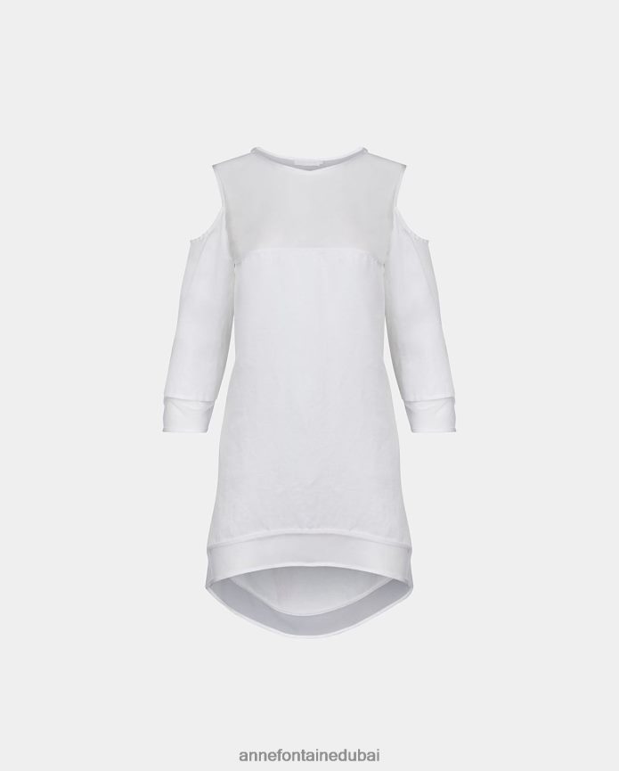 ملابس عبد اللطيف Anne Fontaine نحيف بلوزة من Musee بأكتاف باردة 3/4 كم، بلوزة من الكتان مع حشوات شبكية أبيض T622DL237