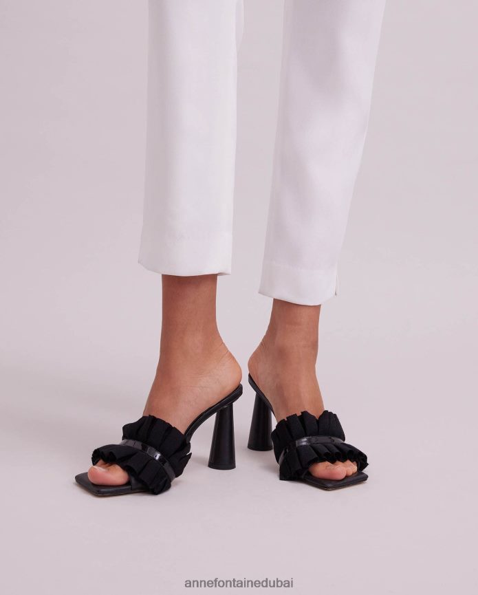 أحذية عبد اللطيف Anne Fontaine نحيف شرائح جلدية بكعب Muxica مع تفاصيل كشكش أسود T622DL38