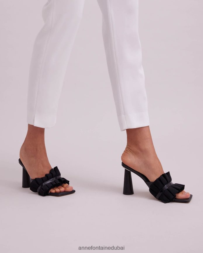 أحذية عبد اللطيف Anne Fontaine نحيف شرائح جلدية بكعب Muxica مع تفاصيل كشكش أسود T622DL38