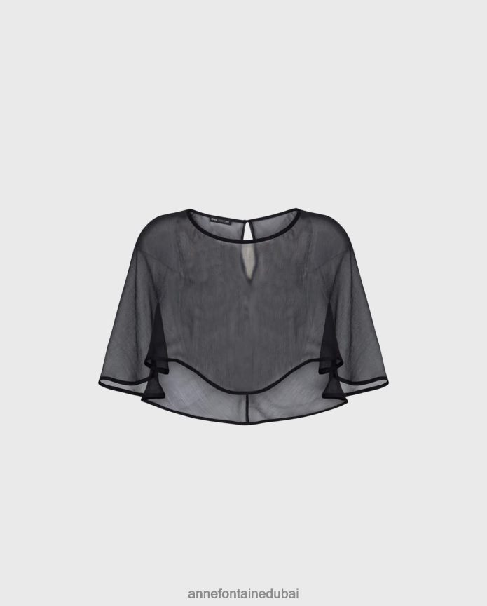 ملابس عبد اللطيف Anne Fontaine نحيف Mythe كيب الحرير الشيفون عالية ومنخفضة الرأس أسود T622DL207