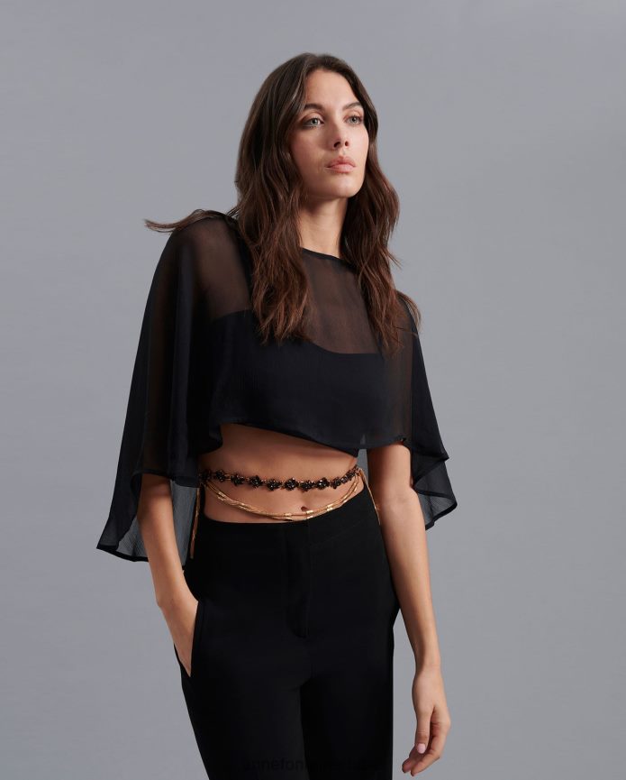 ملابس عبد اللطيف Anne Fontaine نحيف Mythe كيب الحرير الشيفون عالية ومنخفضة الرأس أسود T622DL207