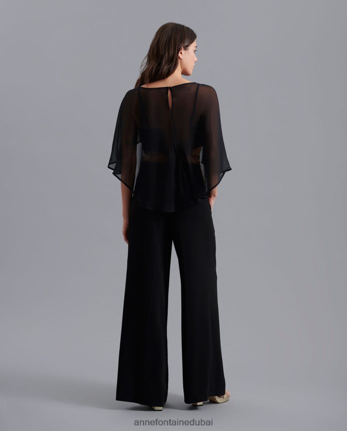 ملابس عبد اللطيف Anne Fontaine نحيف Mythe كيب الحرير الشيفون عالية ومنخفضة الرأس أسود T622DL207