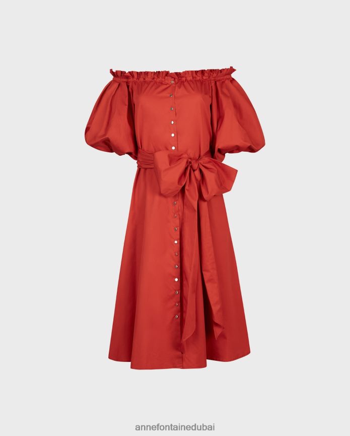 ملابس عبد اللطيف Anne Fontaine نحيف فستان Nayara تيراكوتا مكشوف الكتفين، فستان برباط على الخصر بأكمام 3/4 أحمر T622DL85