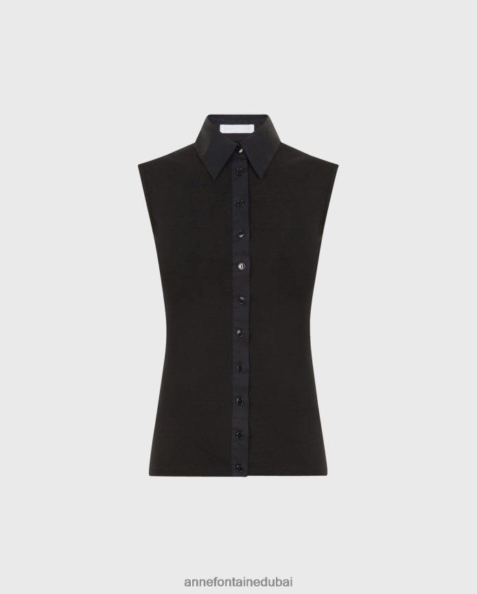 ملابس عبد اللطيف Anne Fontaine نحيف قميص Nuage SM بدون أكمام، قميص بياقة من قطن بيما أسود T622DL140