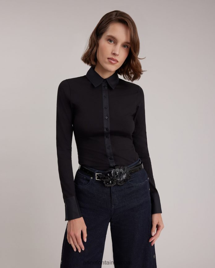 ملابس عبد اللطيف Anne Fontaine نحيف قميص Nuage قميص بياقة وأكمام طويلة مع أزرار أكمام أسود T622DL187