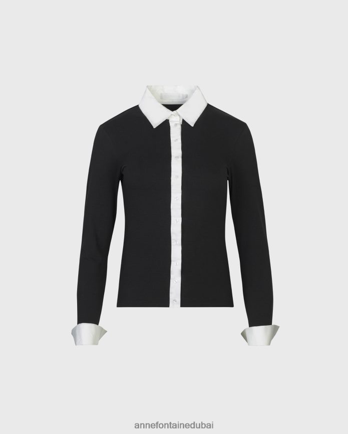 ملابس عبد اللطيف Anne Fontaine نحيف قميص Nuage قميص جيرسي بأكمام طويلة مع ياقة وأساور متباينة أسود/أبيض T622DL188