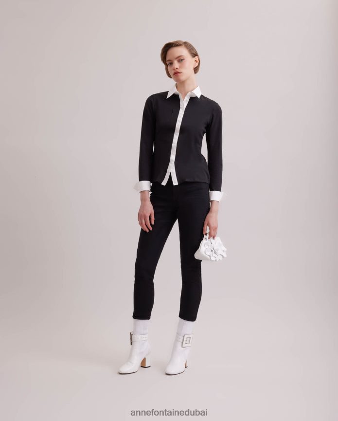 ملابس عبد اللطيف Anne Fontaine نحيف قميص Nuage قميص جيرسي بأكمام طويلة مع ياقة وأساور متباينة أسود/أبيض T622DL188