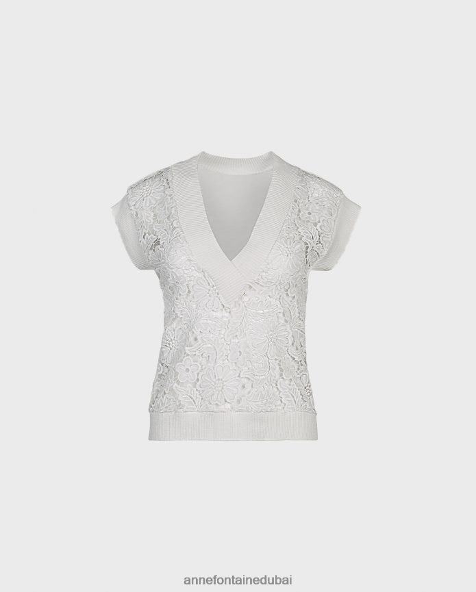 ملابس عبد اللطيف Anne Fontaine نحيف سترة Ombelle بدون أكمام، سترة من الدانتيل الزهري غير مبطنة مع حواف متماسكة مضلعة أبيض T622DL295
