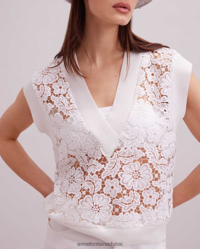 ملابس عبد اللطيف Anne Fontaine نحيف سترة Ombelle بدون أكمام، سترة من الدانتيل الزهري غير مبطنة مع حواف متماسكة مضلعة أبيض T622DL295