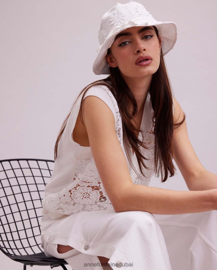 ملابس عبد اللطيف Anne Fontaine نحيف سترة Ombelle بدون أكمام، سترة من الدانتيل الزهري غير مبطنة مع حواف متماسكة مضلعة أبيض T622DL295