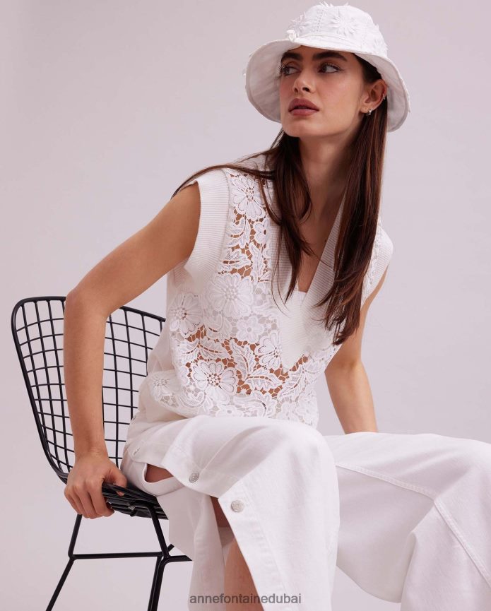 ملابس عبد اللطيف Anne Fontaine نحيف سترة Ombelle بدون أكمام، سترة من الدانتيل الزهري غير مبطنة مع حواف متماسكة مضلعة أبيض T622DL295