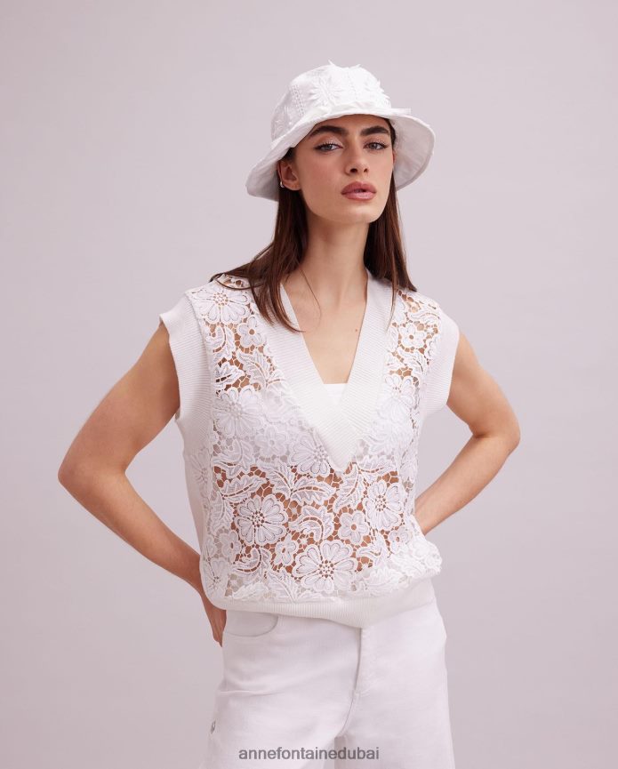 ملابس عبد اللطيف Anne Fontaine نحيف سترة Ombelle بدون أكمام، سترة من الدانتيل الزهري غير مبطنة مع حواف متماسكة مضلعة أبيض T622DL295