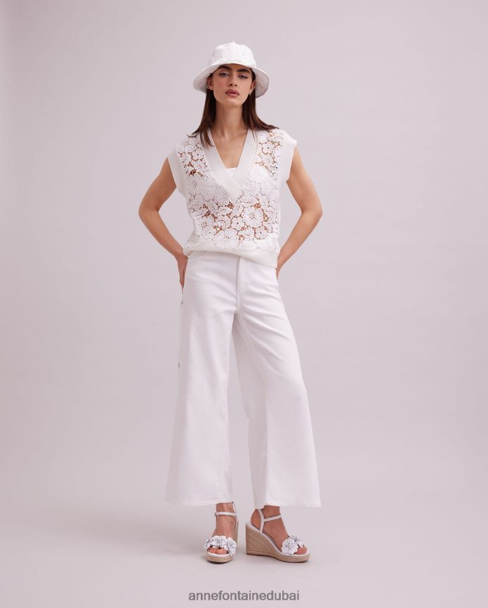 ملابس عبد اللطيف Anne Fontaine نحيف سترة Ombelle بدون أكمام، سترة من الدانتيل الزهري غير مبطنة مع حواف متماسكة مضلعة أبيض T622DL295