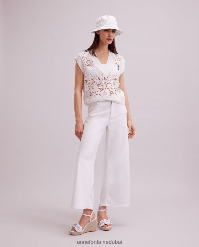 ملابس عبد اللطيف Anne Fontaine نحيف سترة Ombelle بدون أكمام، سترة من الدانتيل الزهري غير مبطنة مع حواف متماسكة مضلعة أبيض T622DL295