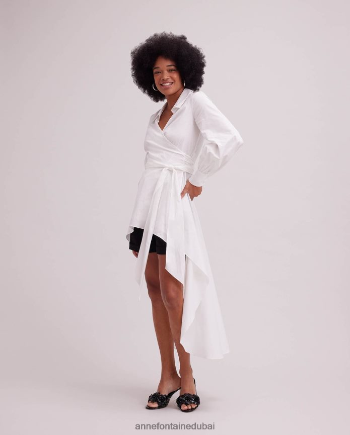 ملابس عبد اللطيف Anne Fontaine نحيف قميص ملفوف من Panisse بحاشية عالية ومنخفضة أبيض T622DL154