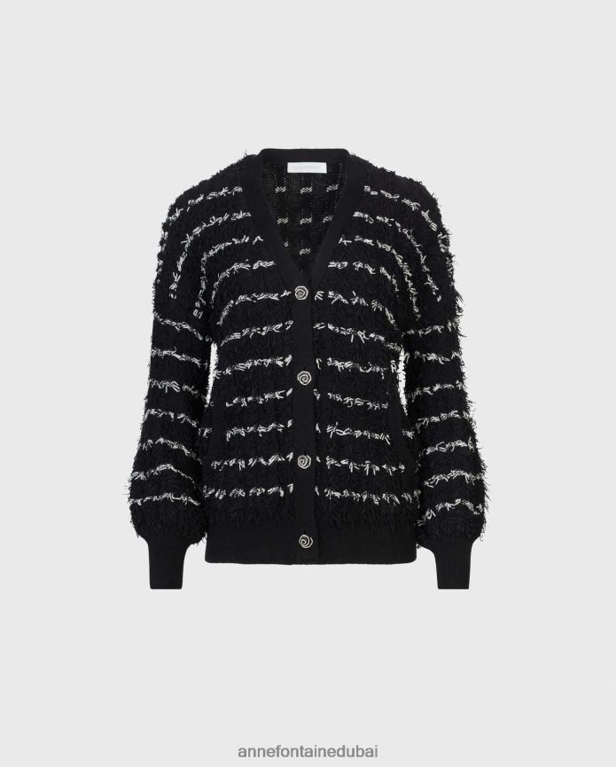 ملابس عبد اللطيف Anne Fontaine نحيف سترة Parnasse بأكمام طويلة ورقبة على شكل حرف V مع زخرفة مزخرفة أسود/أبيض T622DL478
