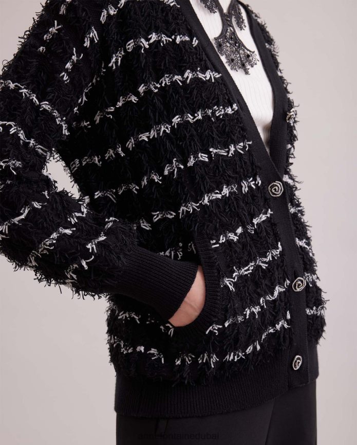 ملابس عبد اللطيف Anne Fontaine نحيف سترة Parnasse بأكمام طويلة ورقبة على شكل حرف V مع زخرفة مزخرفة أسود/أبيض T622DL478