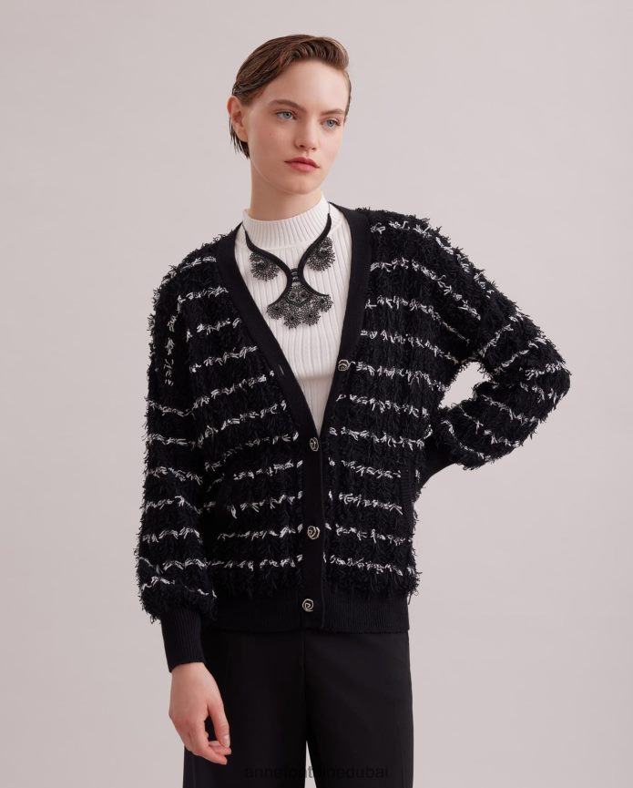 ملابس عبد اللطيف Anne Fontaine نحيف سترة Parnasse بأكمام طويلة ورقبة على شكل حرف V مع زخرفة مزخرفة أسود/أبيض T622DL478