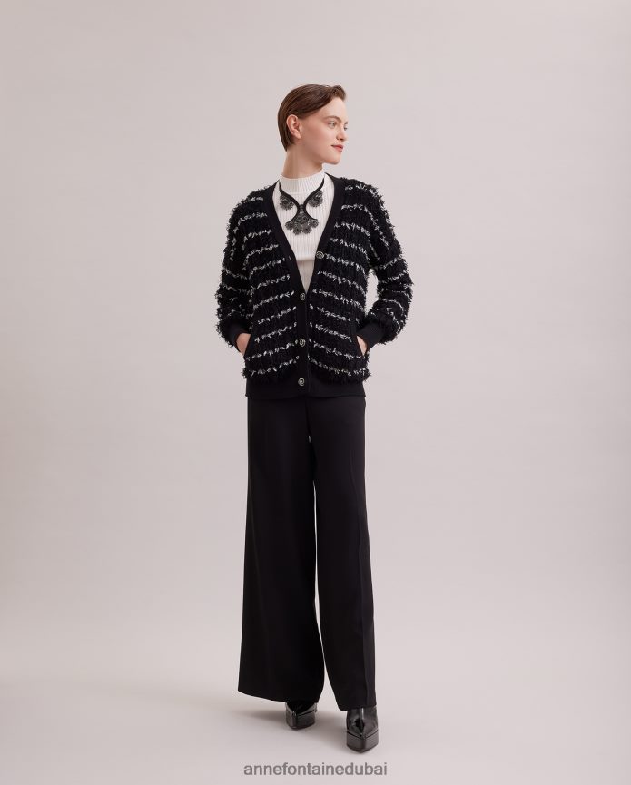 ملابس عبد اللطيف Anne Fontaine نحيف سترة Parnasse بأكمام طويلة ورقبة على شكل حرف V مع زخرفة مزخرفة أسود/أبيض T622DL478