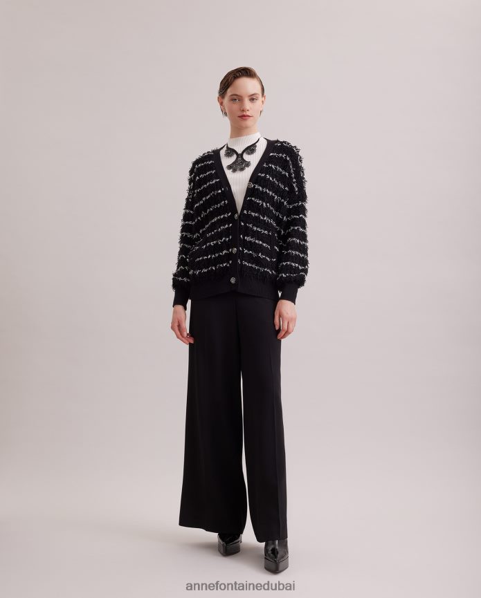 ملابس عبد اللطيف Anne Fontaine نحيف سترة Parnasse بأكمام طويلة ورقبة على شكل حرف V مع زخرفة مزخرفة أسود/أبيض T622DL478