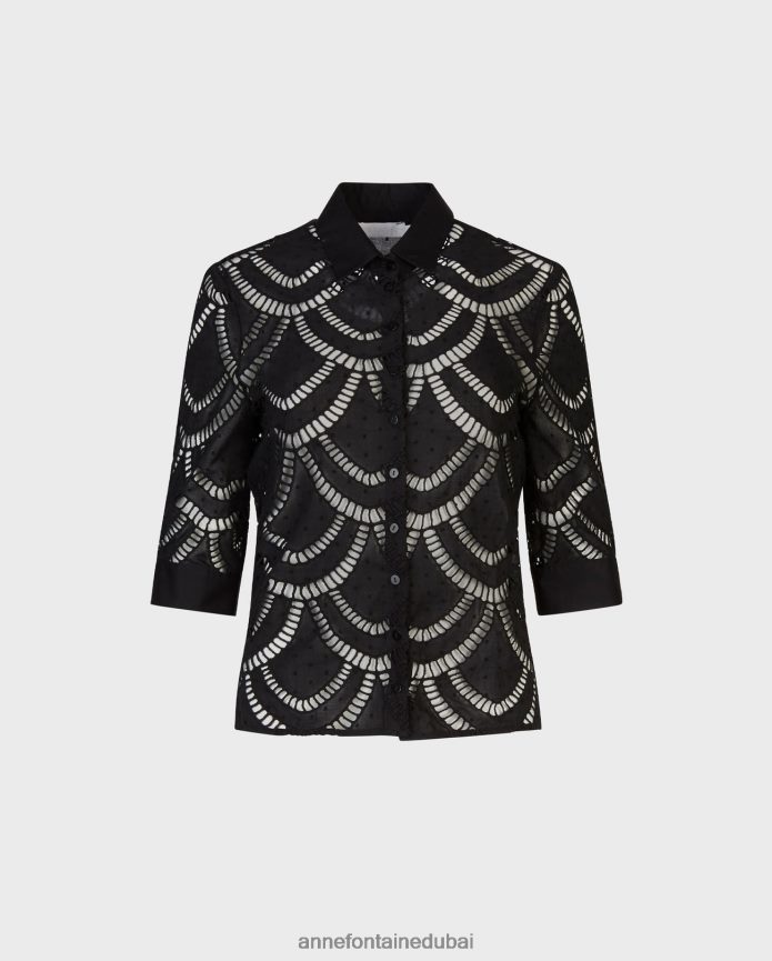 ملابس عبد اللطيف Anne Fontaine نحيف قميص Peio ذو فتحات وأكمام أكمام فرنسية أسود T622DL180