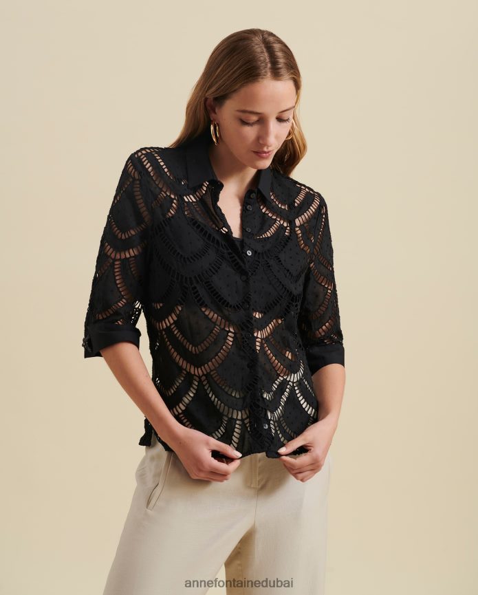 ملابس عبد اللطيف Anne Fontaine نحيف قميص Peio ذو فتحات وأكمام أكمام فرنسية أسود T622DL180