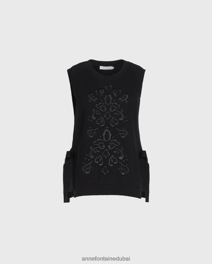 ملابس عبد اللطيف Anne Fontaine نحيف سترة Pensee متماسكة بلا أكمام مع نمط مطرز أسود T622DL465