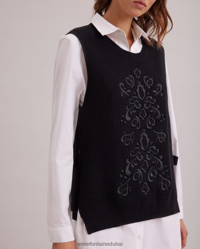 ملابس عبد اللطيف Anne Fontaine نحيف سترة Pensee متماسكة بلا أكمام مع نمط مطرز أسود T622DL465