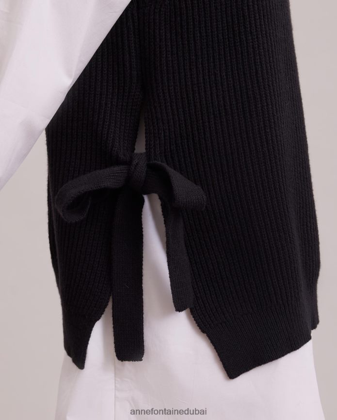 ملابس عبد اللطيف Anne Fontaine نحيف سترة Pensee متماسكة بلا أكمام مع نمط مطرز أسود T622DL465