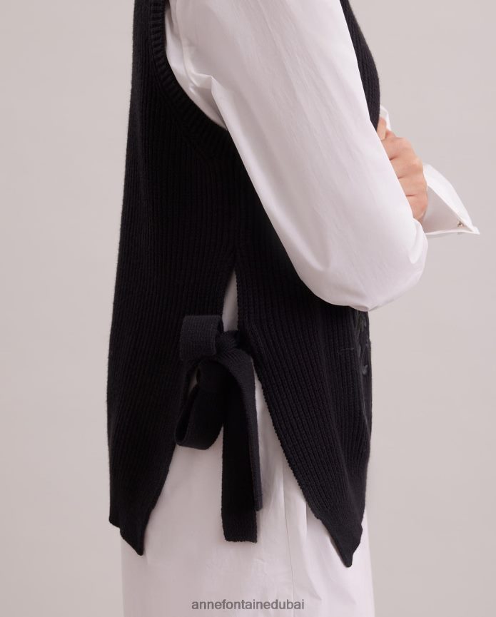 ملابس عبد اللطيف Anne Fontaine نحيف سترة Pensee متماسكة بلا أكمام مع نمط مطرز أسود T622DL465