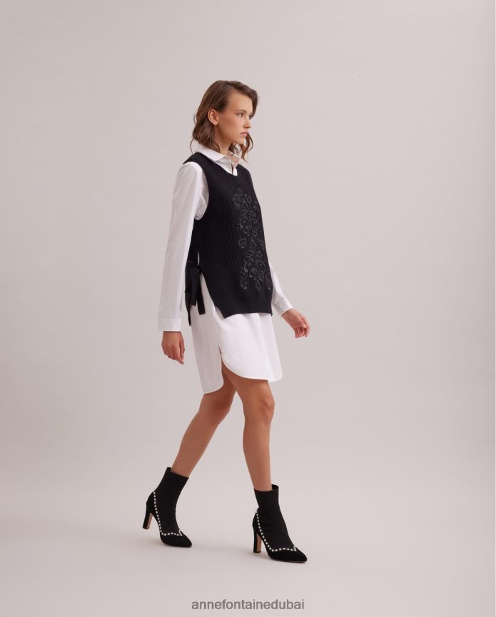 ملابس عبد اللطيف Anne Fontaine نحيف سترة Pensee متماسكة بلا أكمام مع نمط مطرز أسود T622DL465