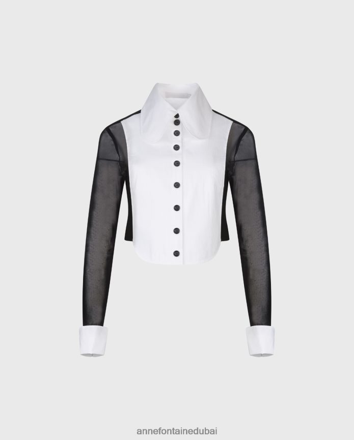 ملابس عبد اللطيف Anne Fontaine نحيف قميص Pergame قصير يتميز بصدرية سويسرية دائرية وأكمام شفافة أسود/أبيض T622DL217
