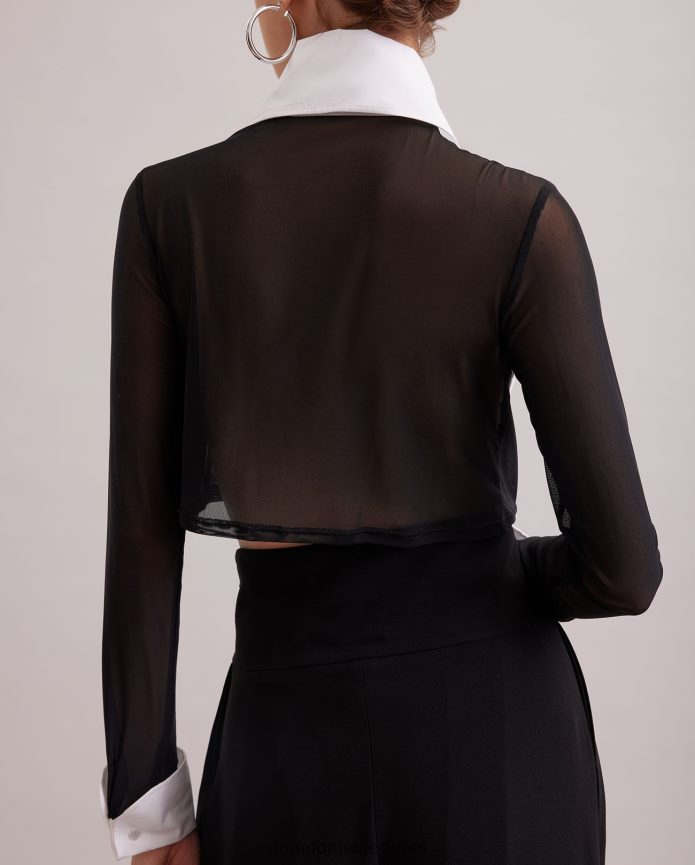 ملابس عبد اللطيف Anne Fontaine نحيف قميص Pergame قصير يتميز بصدرية سويسرية دائرية وأكمام شفافة أسود/أبيض T622DL217