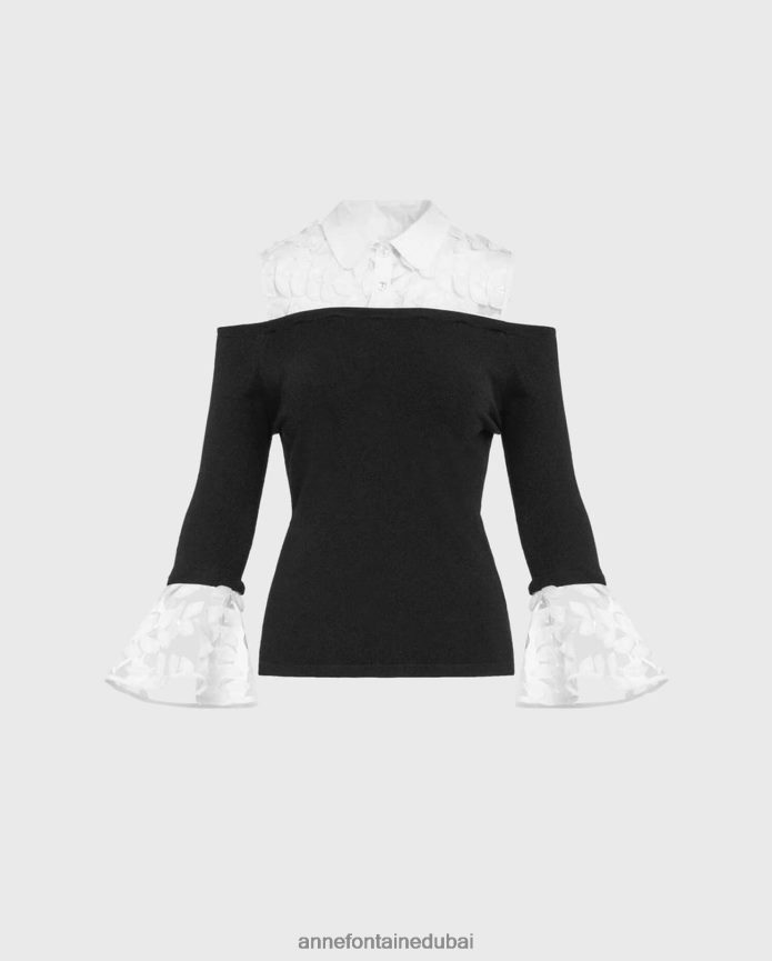 ملابس عبد اللطيف Anne Fontaine نحيف سترة متماسكة من Persane مع تصميم أوراق الشجر المطرزة أسود/أبيض T622DL495