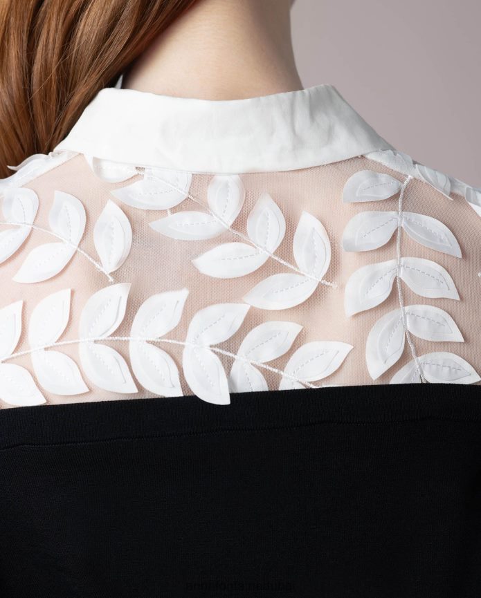 ملابس عبد اللطيف Anne Fontaine نحيف سترة متماسكة من Persane مع تصميم أوراق الشجر المطرزة أسود/أبيض T622DL495