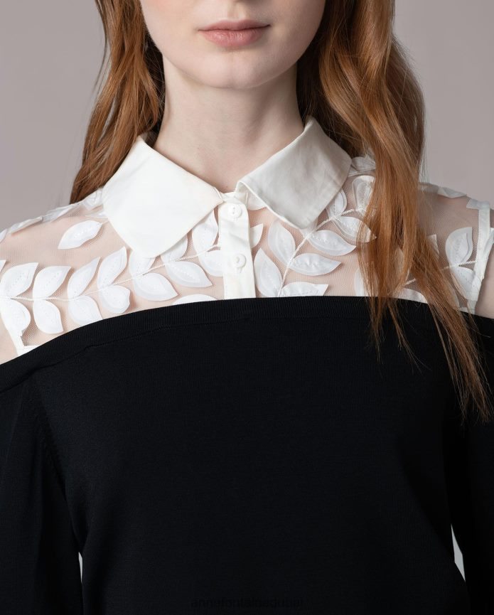 ملابس عبد اللطيف Anne Fontaine نحيف سترة متماسكة من Persane مع تصميم أوراق الشجر المطرزة أسود/أبيض T622DL495