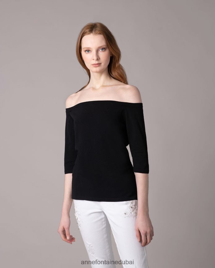 ملابس عبد اللطيف Anne Fontaine نحيف سترة متماسكة من Persane مع تصميم أوراق الشجر المطرزة أسود/أبيض T622DL495