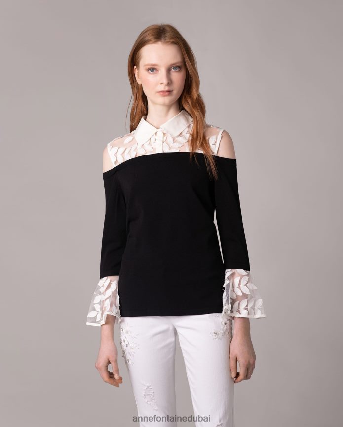 ملابس عبد اللطيف Anne Fontaine نحيف سترة متماسكة من Persane مع تصميم أوراق الشجر المطرزة أسود/أبيض T622DL495