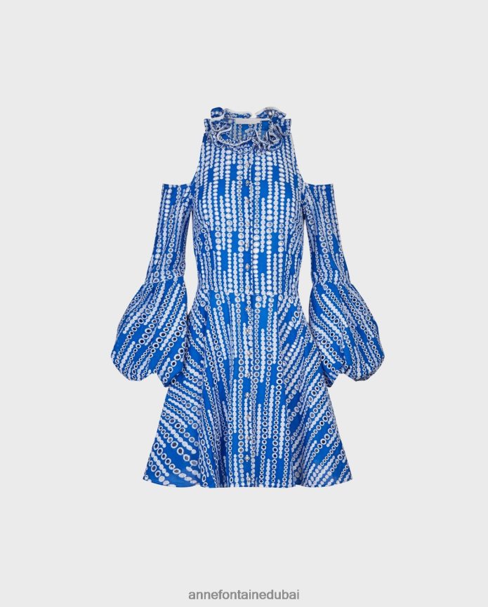 ملابس عبد اللطيف Anne Fontaine نحيف فستان Printemps وفستان ذو كتف بارد ابيض ازرق T622DL69