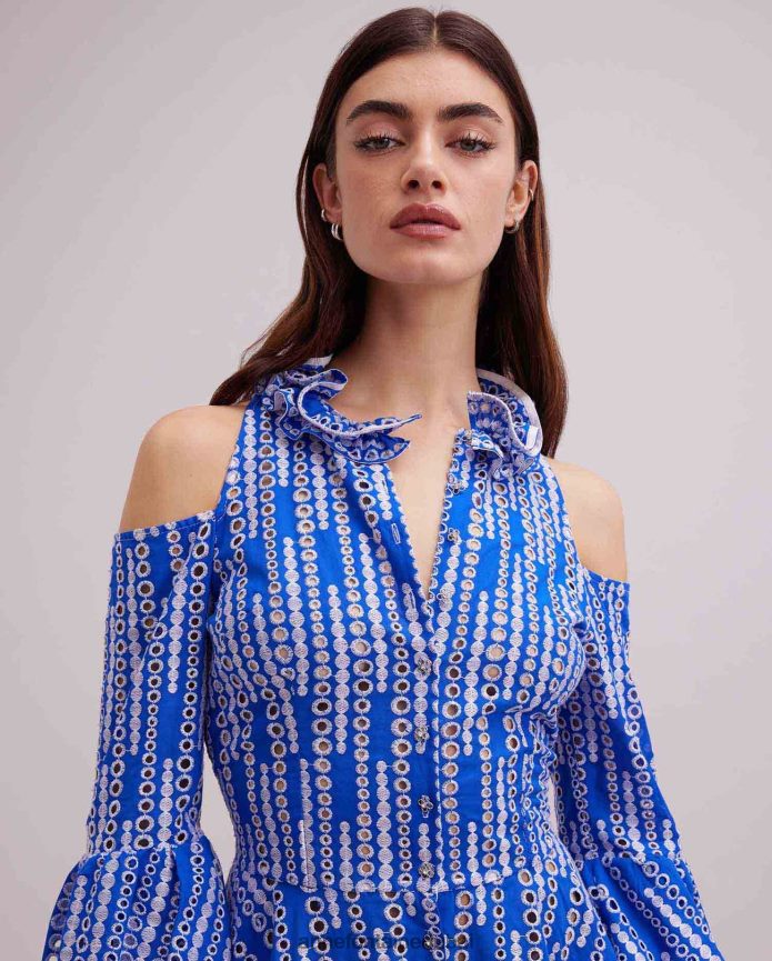 ملابس عبد اللطيف Anne Fontaine نحيف فستان Printemps وفستان ذو كتف بارد ابيض ازرق T622DL69