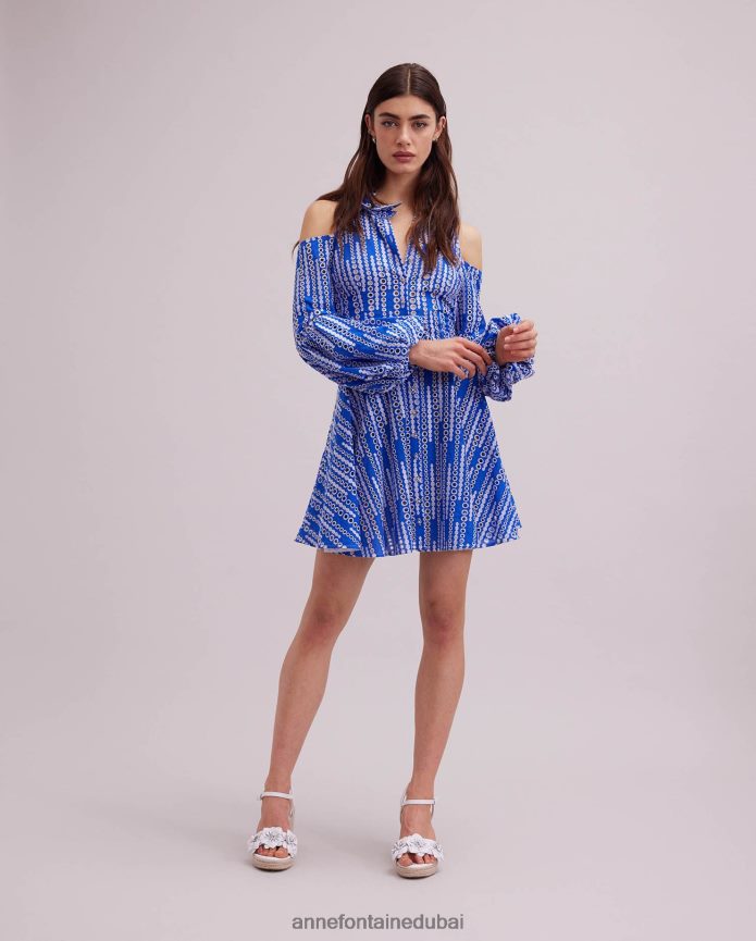 ملابس عبد اللطيف Anne Fontaine نحيف فستان Printemps وفستان ذو كتف بارد ابيض ازرق T622DL69