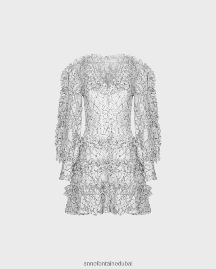 ملابس عبد اللطيف Anne Fontaine نحيف فستان من الدانتيل من Senequier مع زخرفة متباينة وتفاصيل مكشكشة أسود/أبيض T622DL115