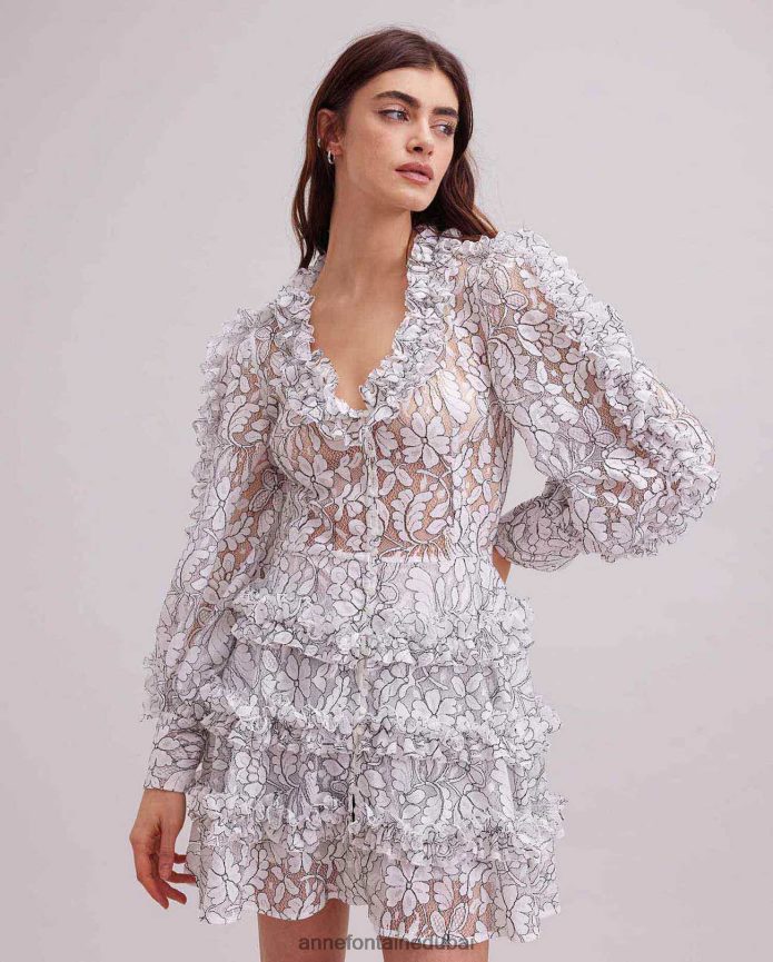 ملابس عبد اللطيف Anne Fontaine نحيف فستان من الدانتيل من Senequier مع زخرفة متباينة وتفاصيل مكشكشة أسود/أبيض T622DL115