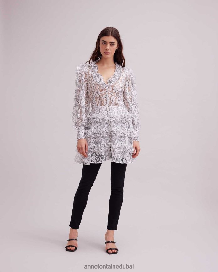 ملابس عبد اللطيف Anne Fontaine نحيف فستان من الدانتيل من Senequier مع زخرفة متباينة وتفاصيل مكشكشة أسود/أبيض T622DL115