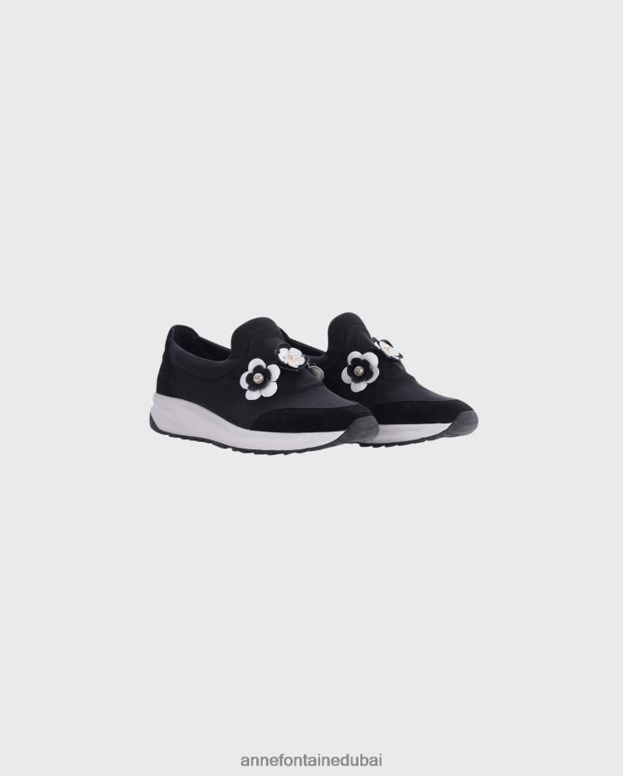 أحذية عبد اللطيف Anne Fontaine نحيف حذاء أويل الرياضي والأحذية الرياضية بتفاصيل الأزهار أسود/أبيض T622DL1