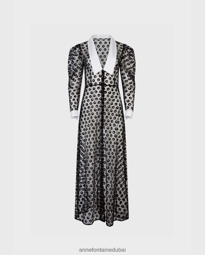 ملابس عبد اللطيف Anne Fontaine نحيف فستان السيناريو فستان شبكي شفاف مطرز بدوائر مخملية أسود T622DL100