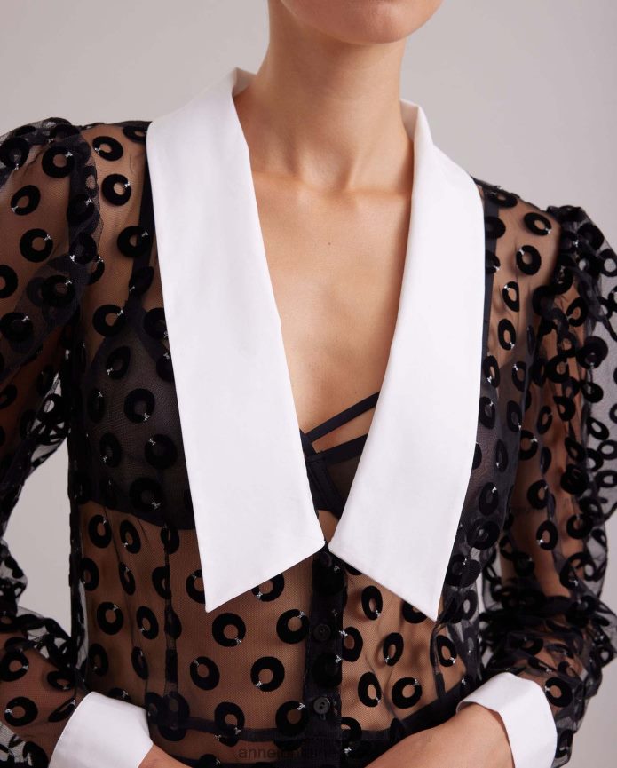 ملابس عبد اللطيف Anne Fontaine نحيف فستان السيناريو فستان شبكي شفاف مطرز بدوائر مخملية أسود T622DL100