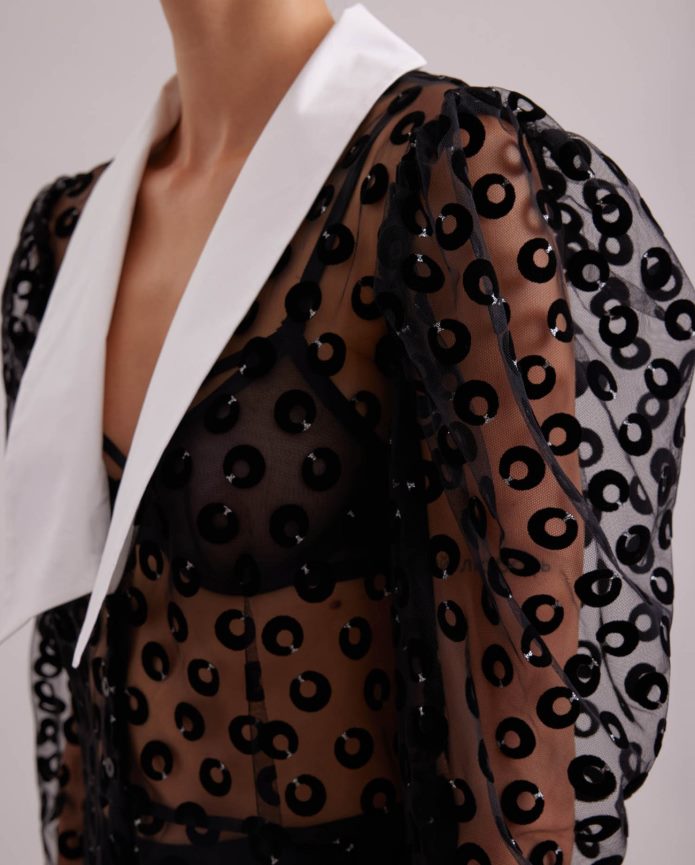 ملابس عبد اللطيف Anne Fontaine نحيف فستان السيناريو فستان شبكي شفاف مطرز بدوائر مخملية أسود T622DL100