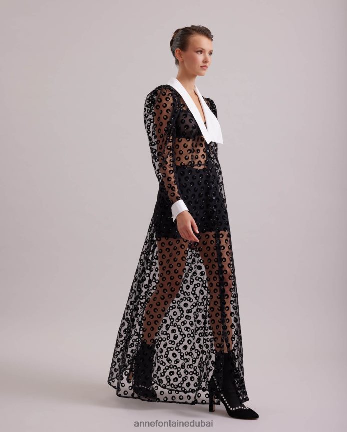 ملابس عبد اللطيف Anne Fontaine نحيف فستان السيناريو فستان شبكي شفاف مطرز بدوائر مخملية أسود T622DL100