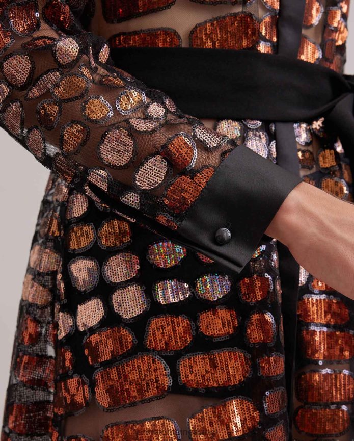 ملابس عبد اللطيف Anne Fontaine نحيف فستان سافانتي فستان طويل شبكي شفاف مطرز بالترتر ومزين بتفاصيل من الحرير أسود T622DL101